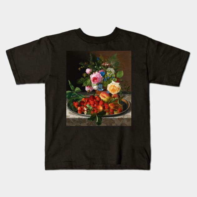 Still Life with Roses and Strawberries on a Silver Salver by Otto Didrik Ottesen Kids T-Shirt by MasterpieceCafe